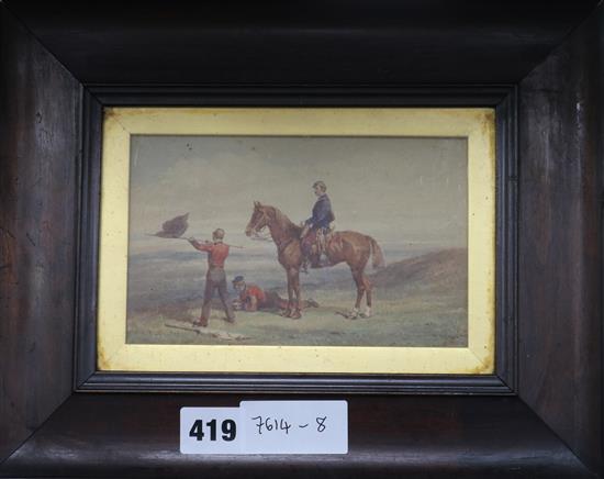 Orlando Norie, watercolour, lancers signalling from a hilltop, signed, 10 x 16cm